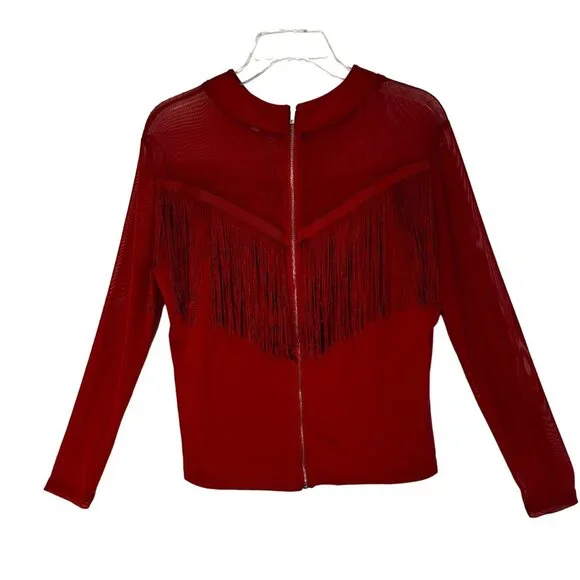 Vivid Women's Red Fringe Western Long Sleeve Top Size L Sheer Bodice and Sleeves - Picture 2 of 8